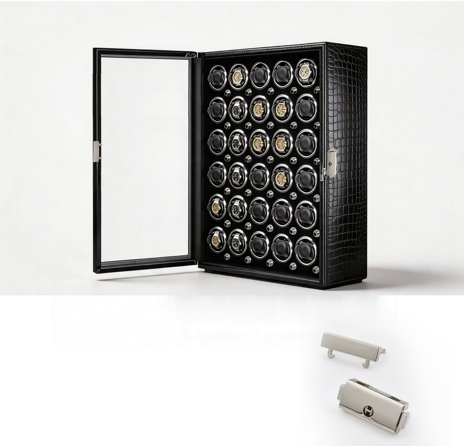 30-slot crocodile-embossed leather watch winder cabinet, open, showing watches on winder modules