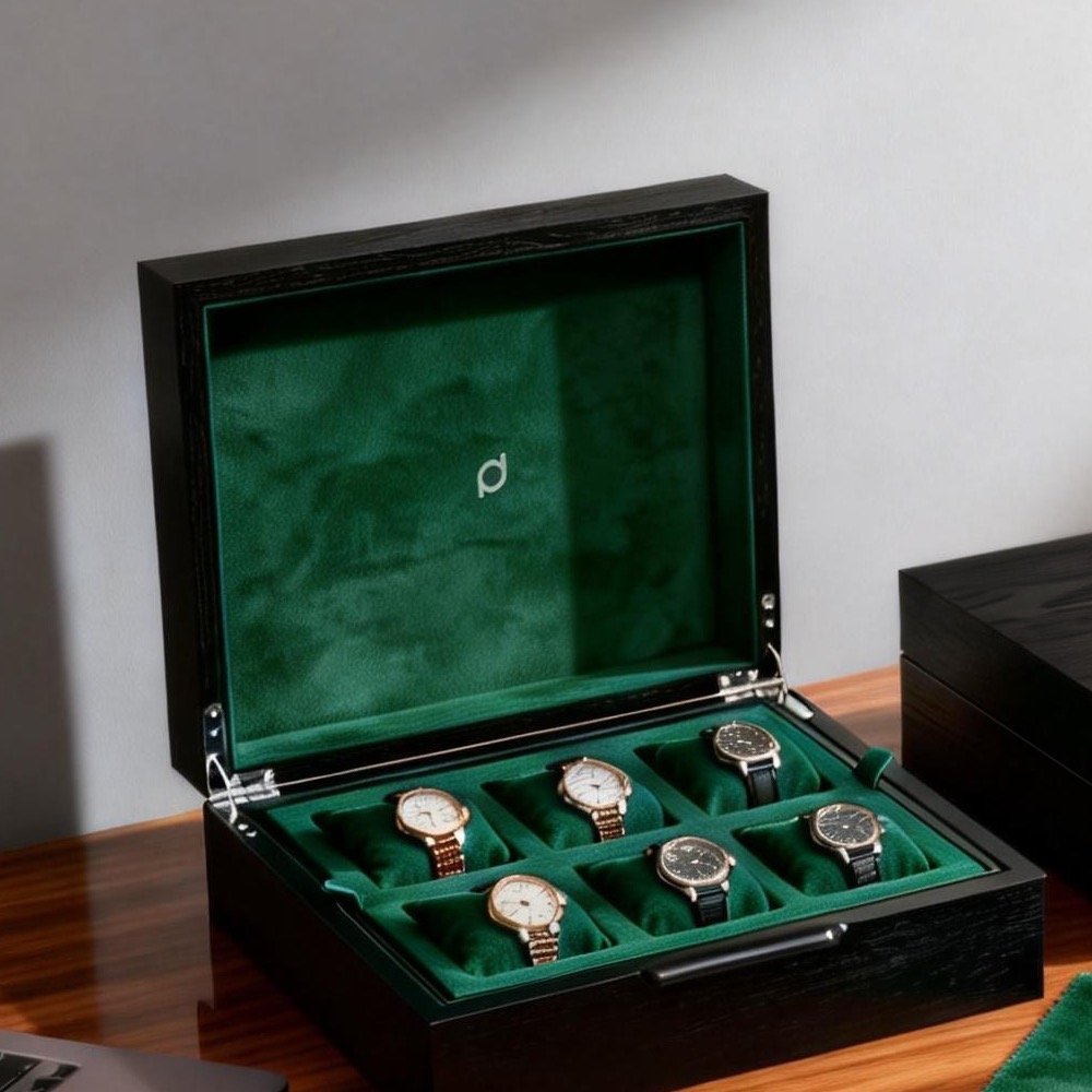 6-slot wooden watch box with lacquer panel finish and green velvet lining, lid open