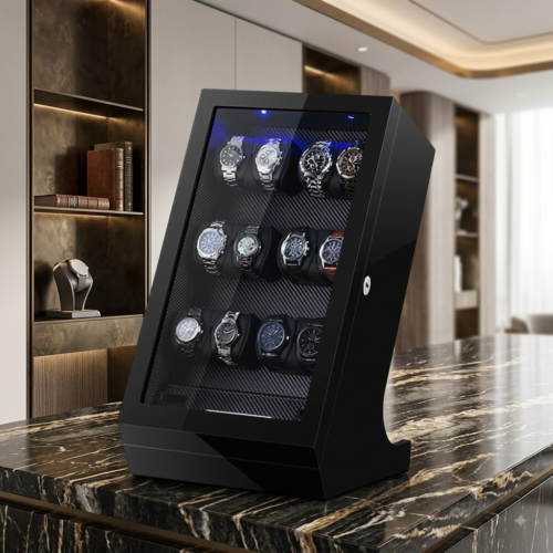 12-slot watch winder cabinet holding automatic watches, shown in a study