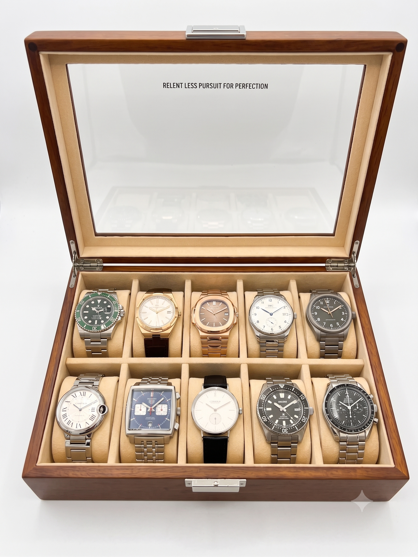 10-slot solid wood watch box interior with cream cushions and watches