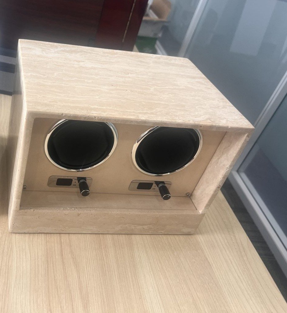 double marble watch winder with natural stone finish