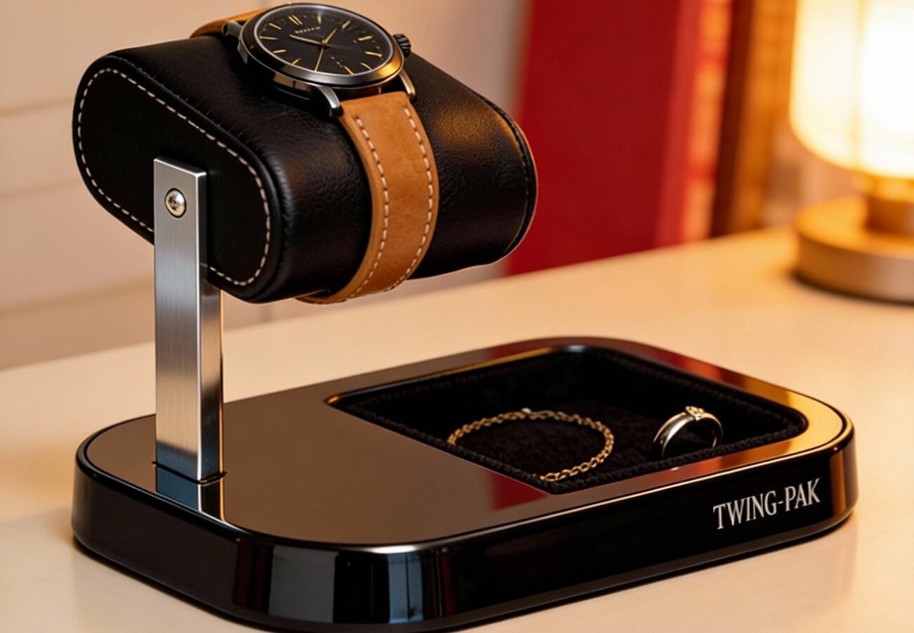 Single watch display stand with black lacquer base and leather cushion