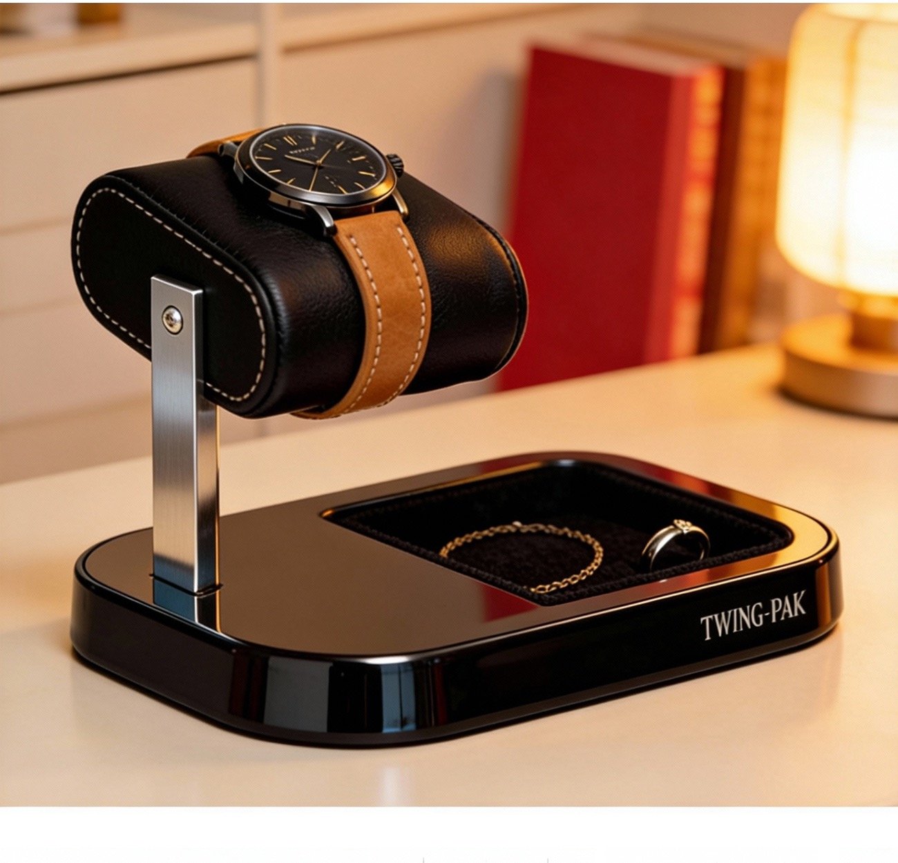 Single watch display stand with a black lacquer base holding one watch