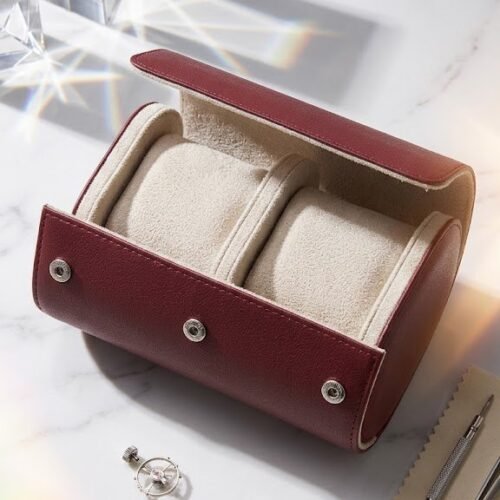 2-slot travel watch roll in burgundy saffiano genuine leather, open to show two cream microfiber cushions