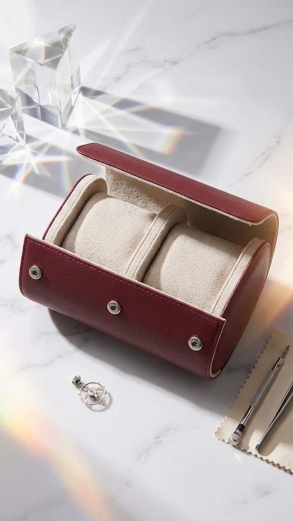 2-slot travel watch roll in burgundy saffiano genuine leather, open to show two cream microfiber cushions