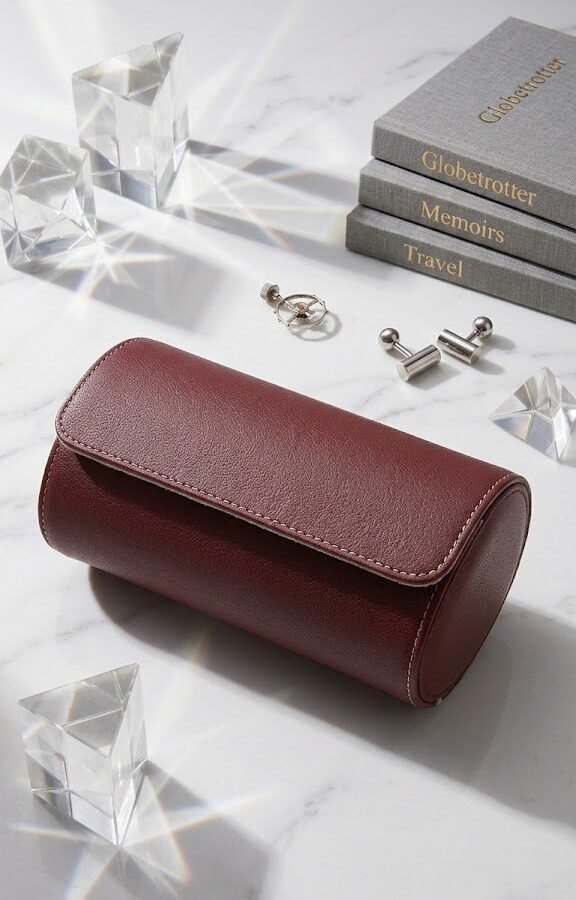 2-slot burgundy saffiano leather watch roll, closed, on a marble surface