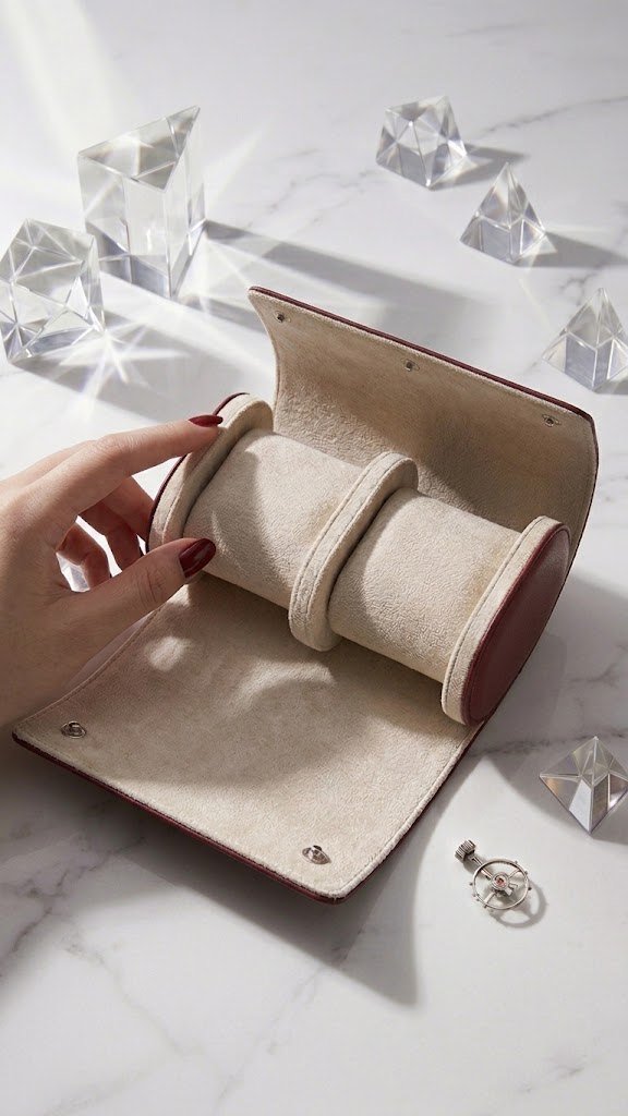2-slot watch roll unrolled to show the cream microfiber lining, two watch cushions and snap closure
