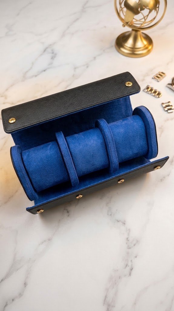 3-slot travel watch roll in navy saffiano genuine leather, open to show three royal blue microfiber cushions