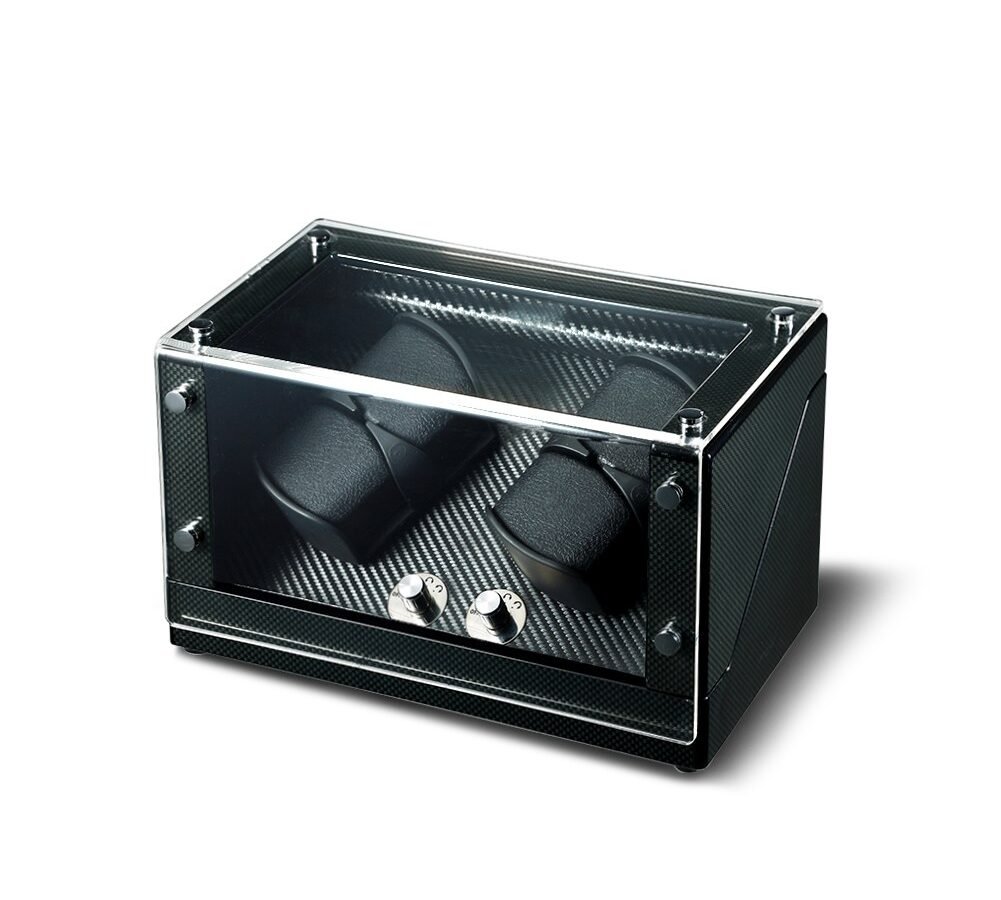 Black patterned four-position watch winder with a clear closed cover and two front control knobs.