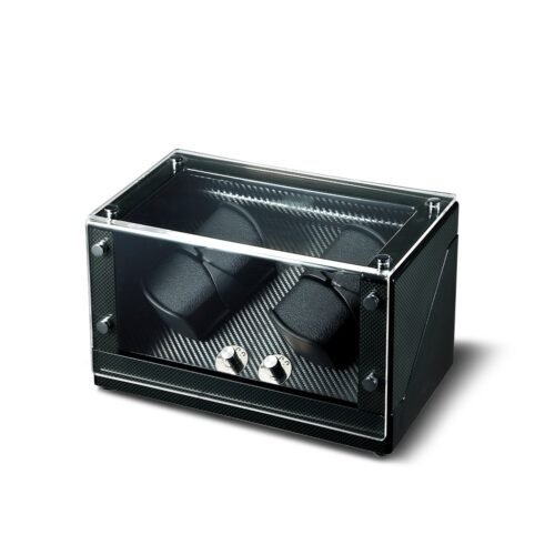 4-slot automatic watch winder cabinet in piano black finish, closed, showing lockable acrylic display door