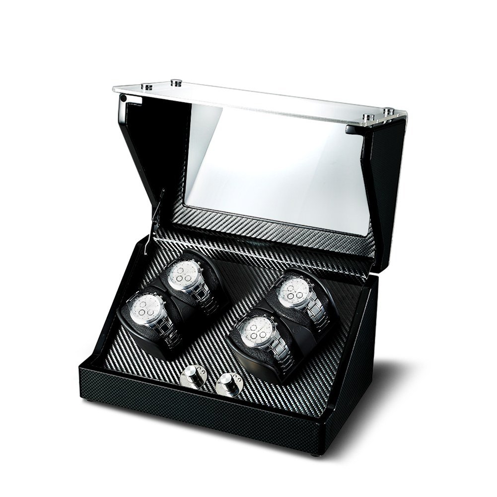 Open black patterned four-position watch winder holding four watches, with two control knobs at the front.