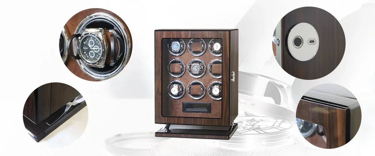 Detail views of a nine-slot wood watch winder showing a watch on a chrome rotor cup, the door lock, the hinge and the lacquered wood edge
