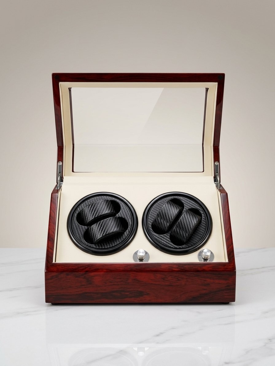 Open red wood two-watch winder showing a cream interior, two black carbon-fiber-pattern watch cushions, and two control knobs