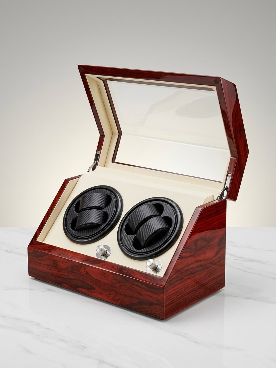 Three-quarter view of an open red wood two-watch winder with a cream interior, two black carbon-fiber-pattern watch cushions, and two control knobs