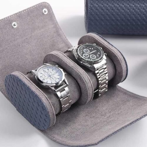 WR-012 two-watch leather travel roll in navy blue, open, showing grey suede lining and two watches