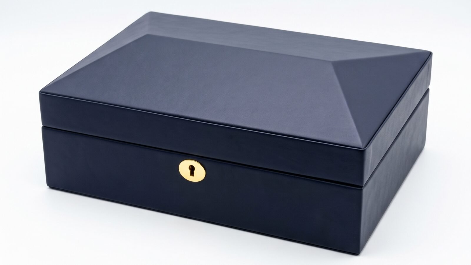 Blue watch box shown closed on a white background