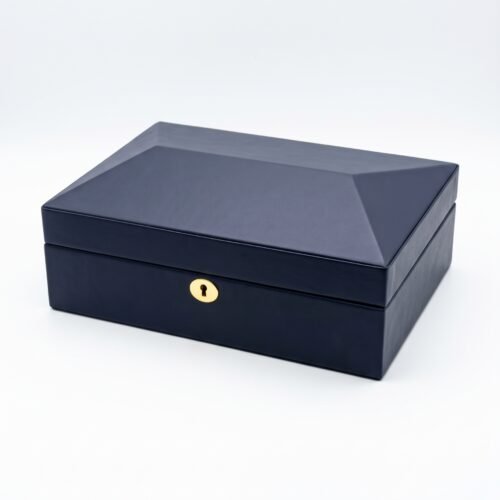 Blue watch box shown closed on a white background