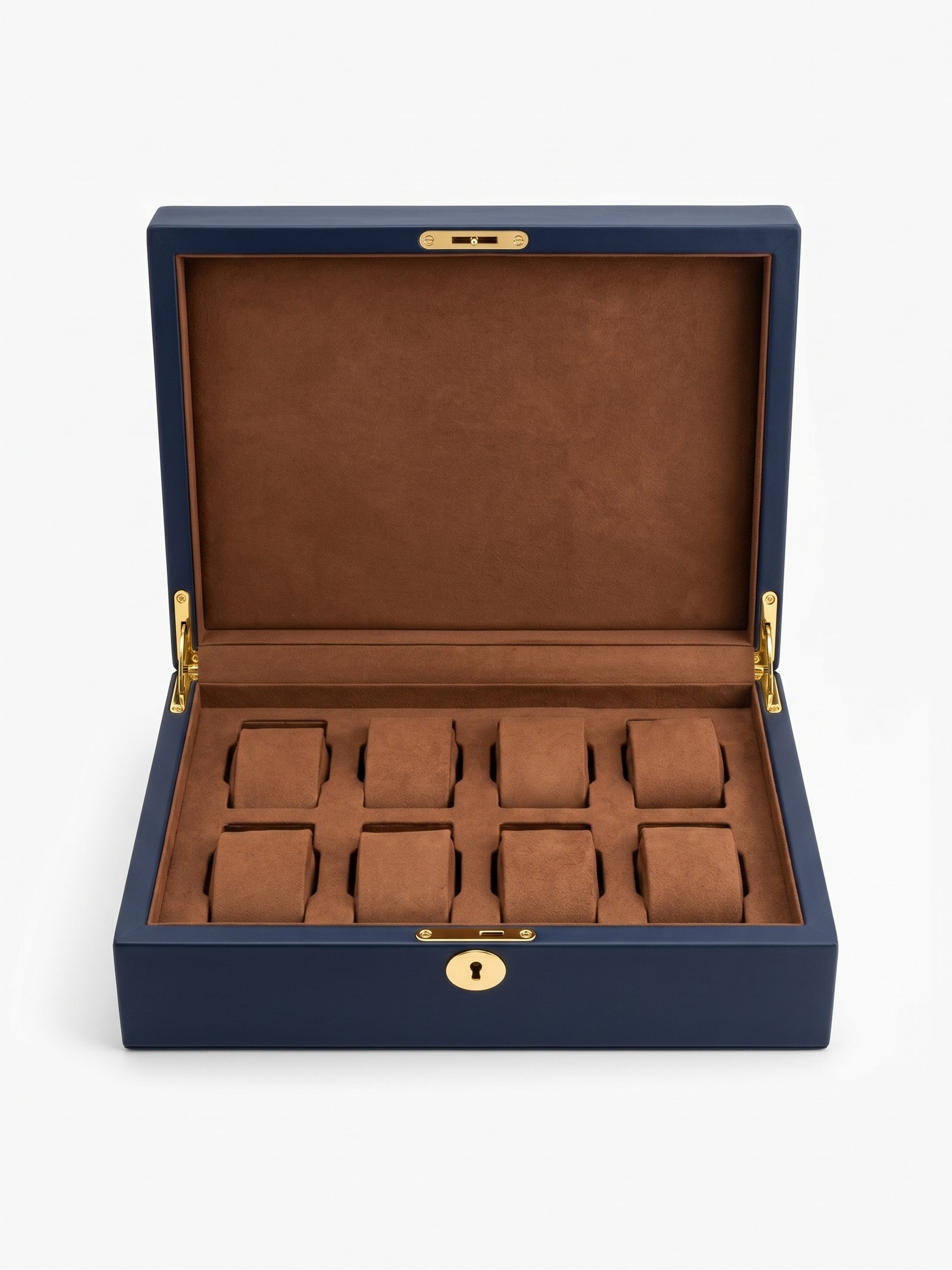 Open blue watch box showing brown watch cushions and lined interior