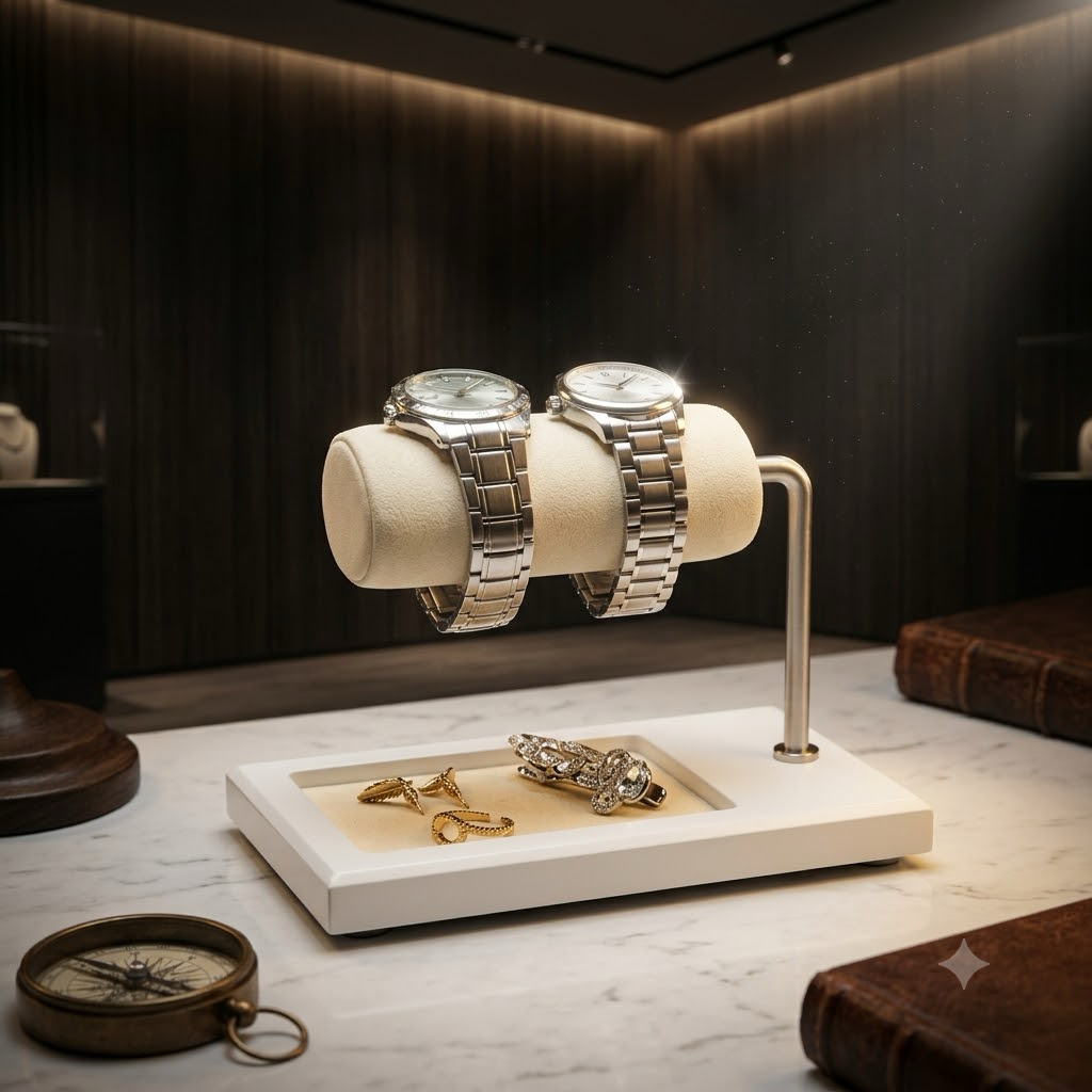 Two watches displayed on a cream-colored watch stand in a retail-style setting